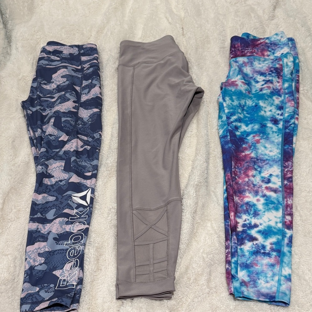 Reebok Pink and Blue Camo, grey and Tie-Dye Leggings Trio